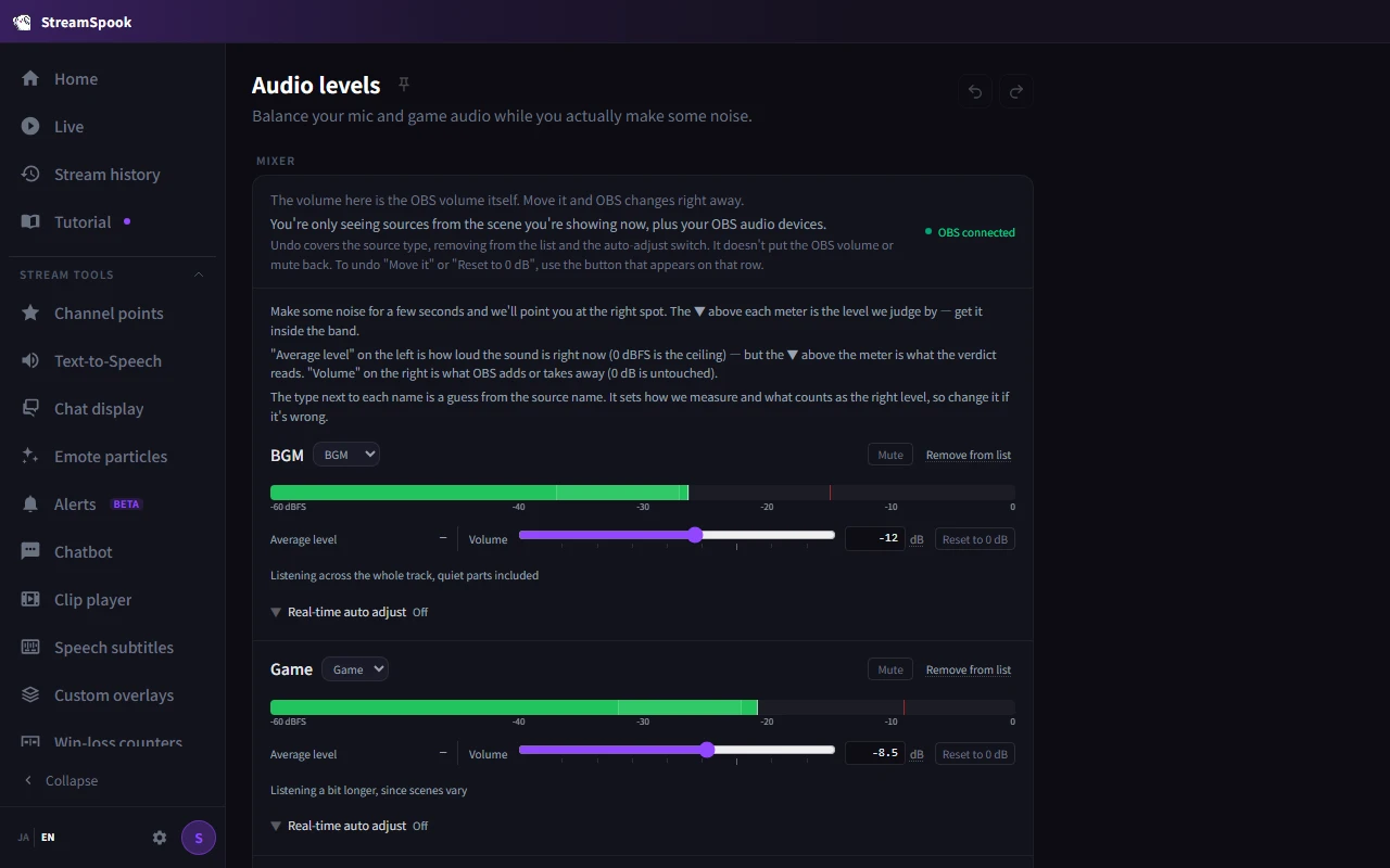 Mic, game and music levels all judged to be in range