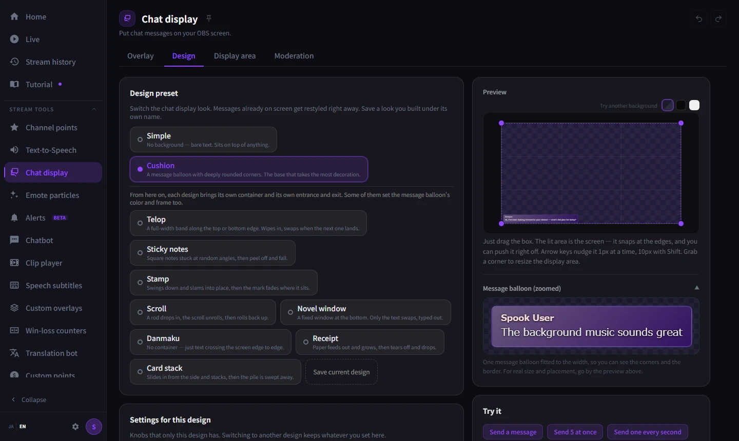 Choosing a chat message design preset and checking it in the preview